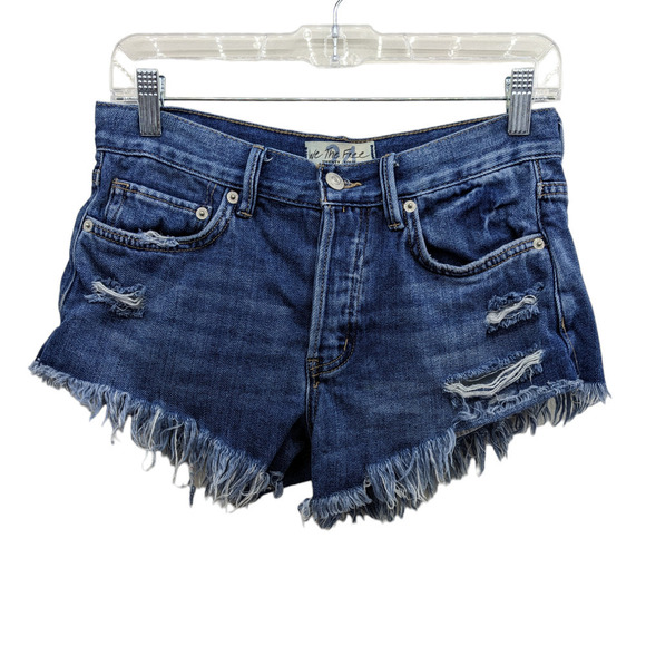 We The Free Jean Shorts 24 Distressed Denim Button Fly High Rise - Picture 1 of 8